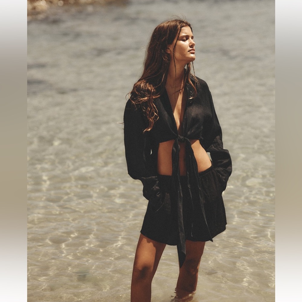 Zara NWT Black Linen Shirt With Knot size S - Picture 2 of 8